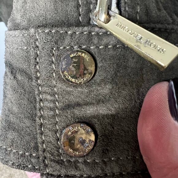 Michael Kors Suede Leather Jacket Vince Coat Full Zip Green *No Belt Large *Flaw - Picture 9 of 13